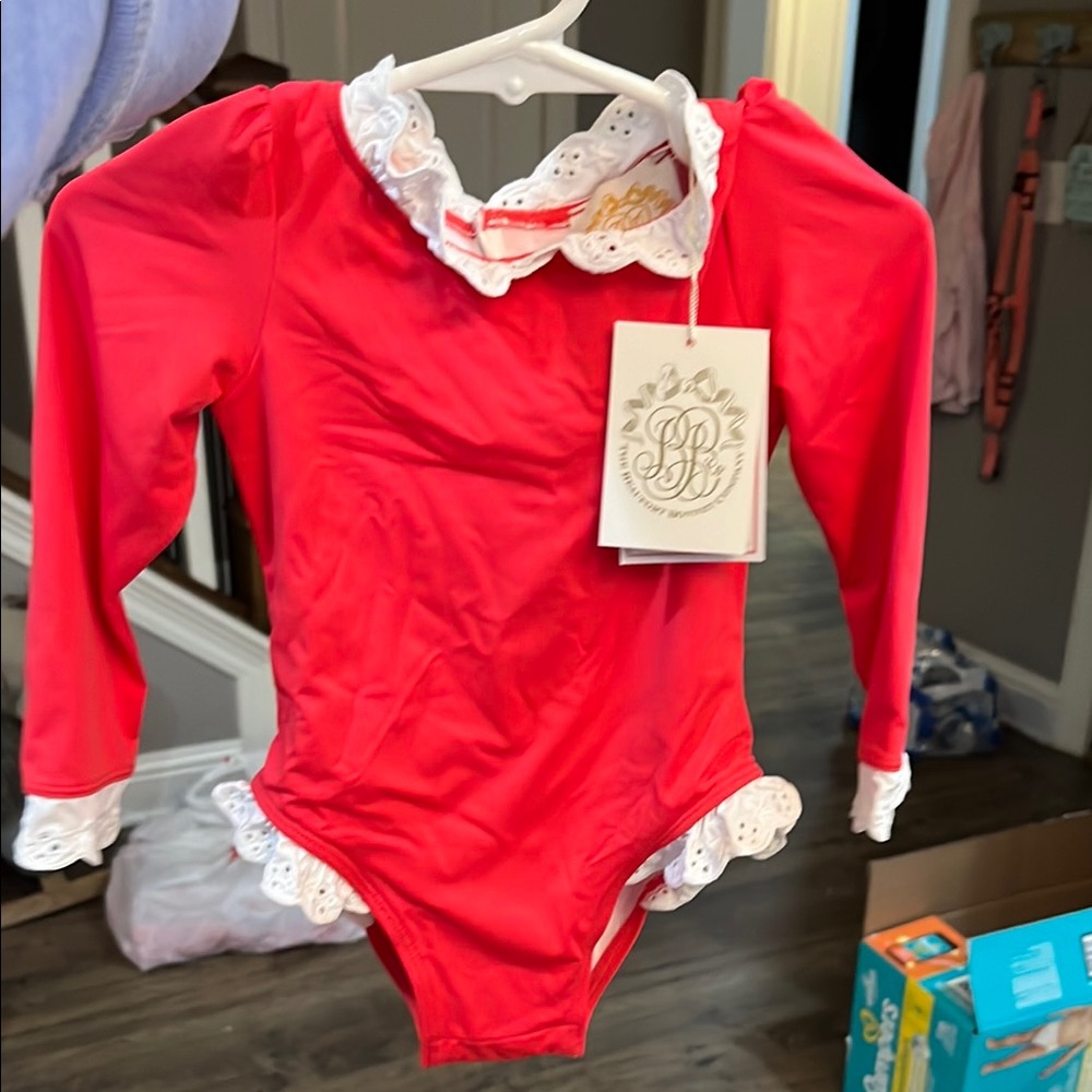 Red Long Sleeve Baby Bodysuit with Lace Trim